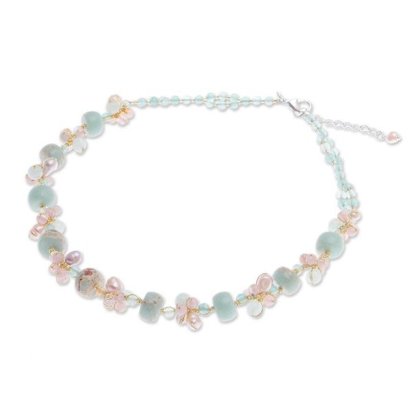 Alternate image for Handmade Rose Quartz and Cultured Pearl Pendant Necklace Pastel Mood