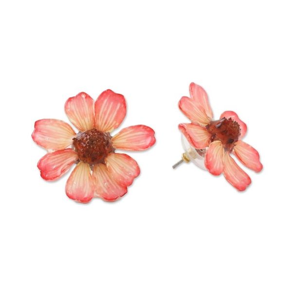 Alternate image for Resin Coated Natural Zinnia Button Earrings from Thailand Red Summertime Zinnia