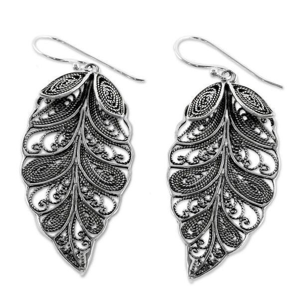 Alternate image for Sterling Silver Filigree Leaf Dangle Earrings from Thailand Feathered Leaves