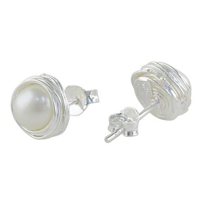 Alternate image for Cultured Pearl Sterling Silver Stud Earrings from Thailand Haloed Moons
