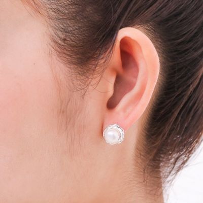 Alternate image for Cultured Pearl Sterling Silver Stud Earrings from Thailand Haloed Moons