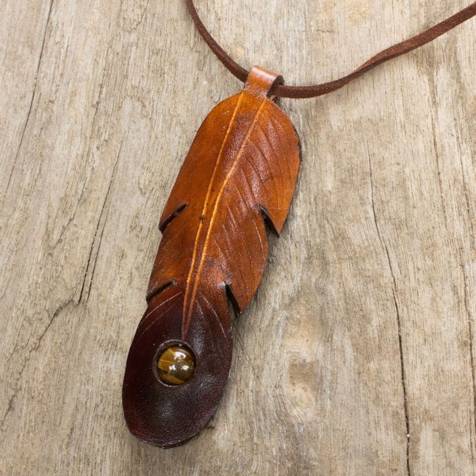 Brown Leather Feather Pendant Necklace with Tiger's Eye 'Feather Spirit'