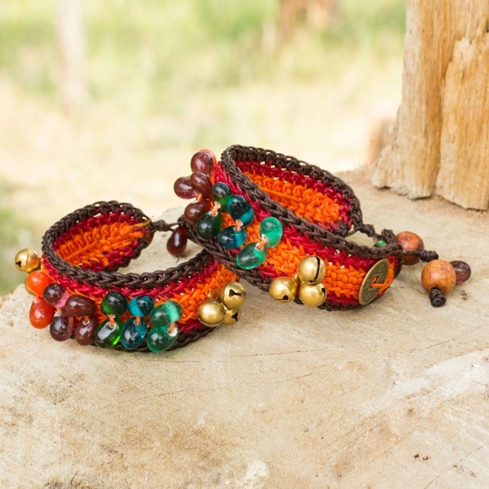 Handcrafted Beaded Wristband Bracelets Pair 'Bold Orange Fortunes'