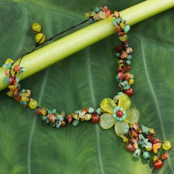 Alternate image for Hand Made Floral Carnelian and Serpentine Necklace Dazzling Bloom