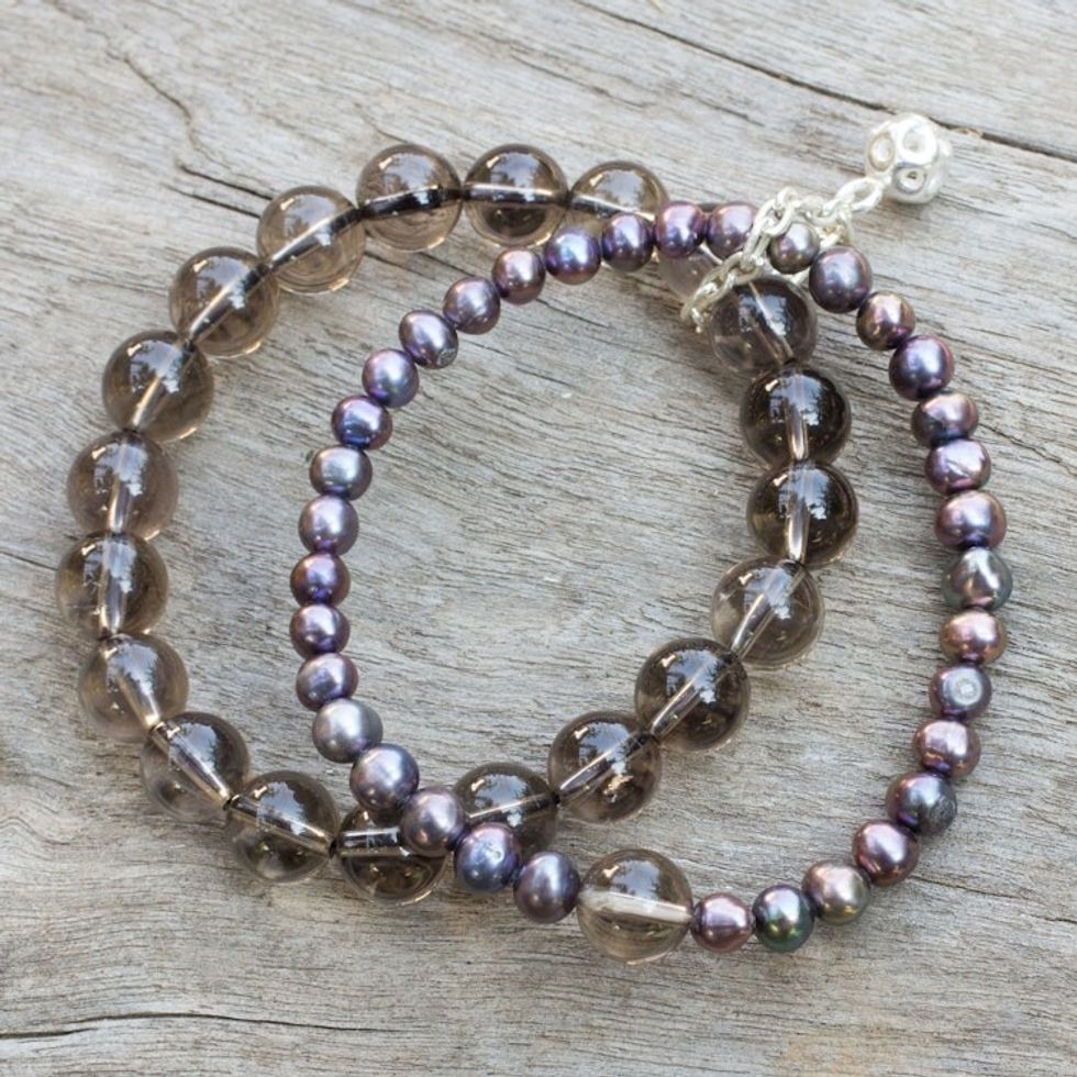 Smokey Quartz and Pearl Stretch Bracelet with Silver Charm 'Iridescent Sea'