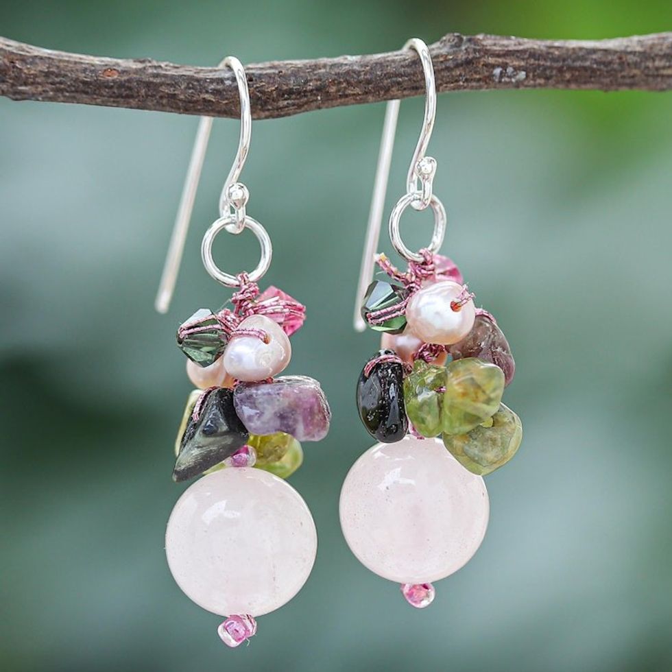 Rose Quartz and Pearl Cluster Earrings 'Petal Romance'
