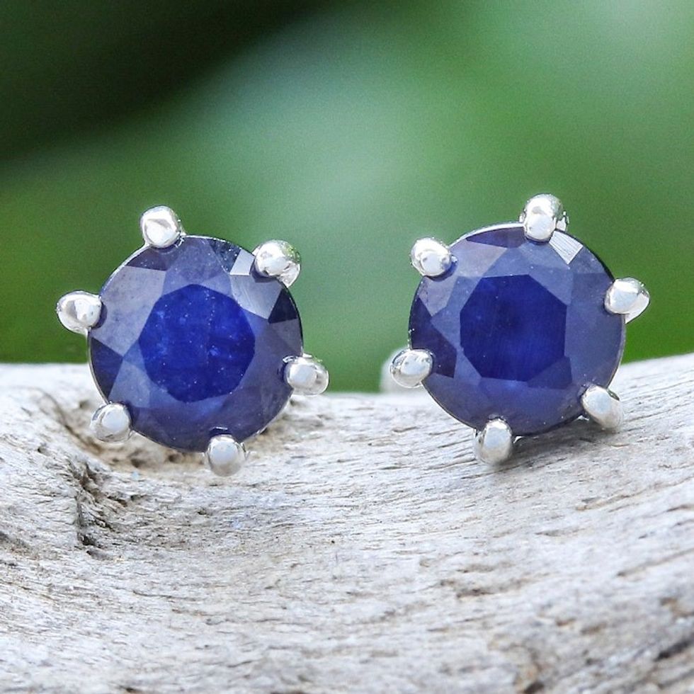 Hand Made Sapphire and Sterling Silver Stud Earrings 'Catch a Star in Blue'