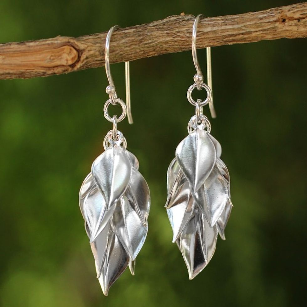 Hand Crafted Sterling Silver Dangle Earrings 'Silver Leaves'