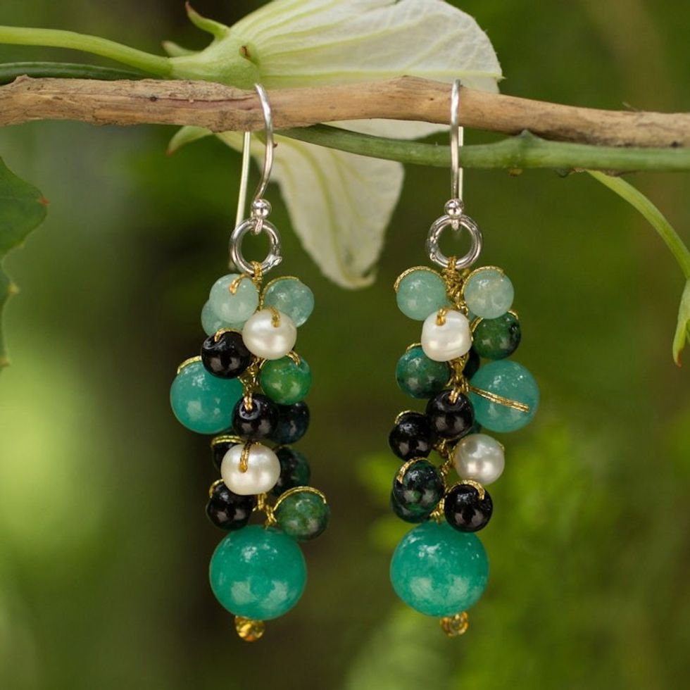 Thai Pearl Green Agate Quartz Cluster Earrings 'Verdant Vineyard'