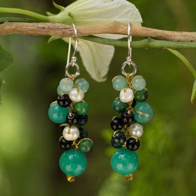 Alternate image for Thai Pearl Green Agate Quartz Cluster Earrings Verdant Vineyard