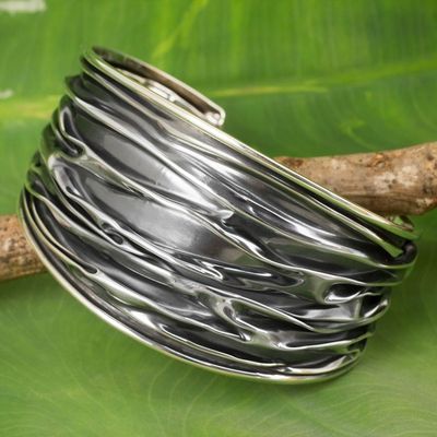 Alternate image for Textured Sterling Silver Cuff Bracelet Crafted by Hand Wide River