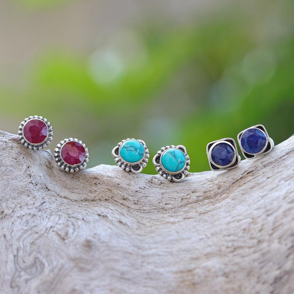 Gemstone and Sterling Silver Stud Earrings Set of 3 'First Taste'