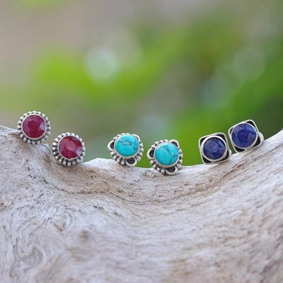 Alternate image for Gemstone and Sterling Silver Stud Earrings Set of 3 First Taste