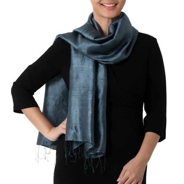 Alternate image for Hand Woven Fringed Silk Scarf in Iron Grey from Thailand Otherworldly in Iron Grey