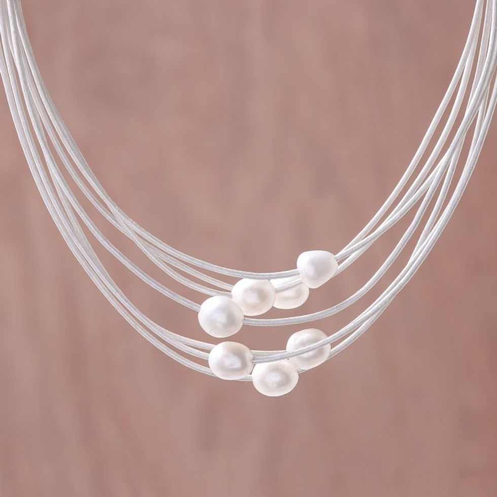 Cultured Pearl Pendant Necklace on White Cord from Thailand 'Luminous Pebbles in White'