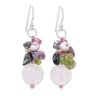 Alternate image for Rose Quartz and Pearl Cluster Earrings Petal Romance