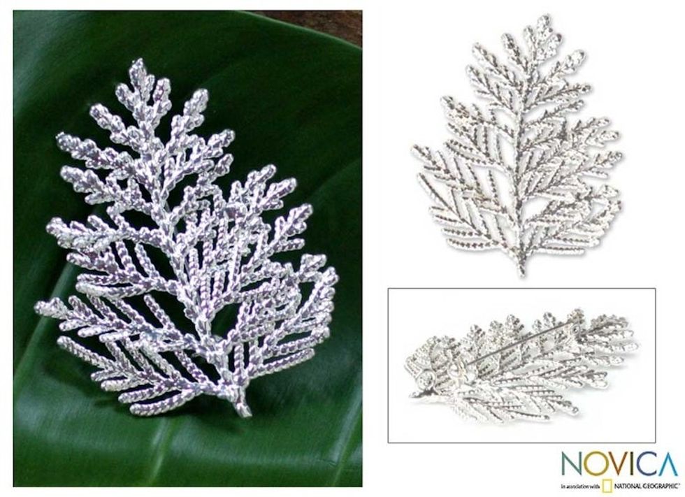 Fine Silver Plated Leaf Brooch Pin 'Cypress Honor'