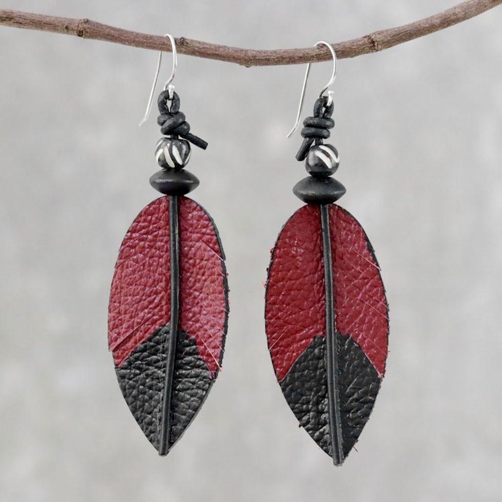 Leather and Bone Feather Earrings in Red from Thailand 'Red Feather'