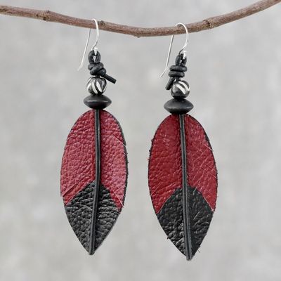 Alternate image for Leather and Bone Feather Earrings in Red from Thailand Red Feather