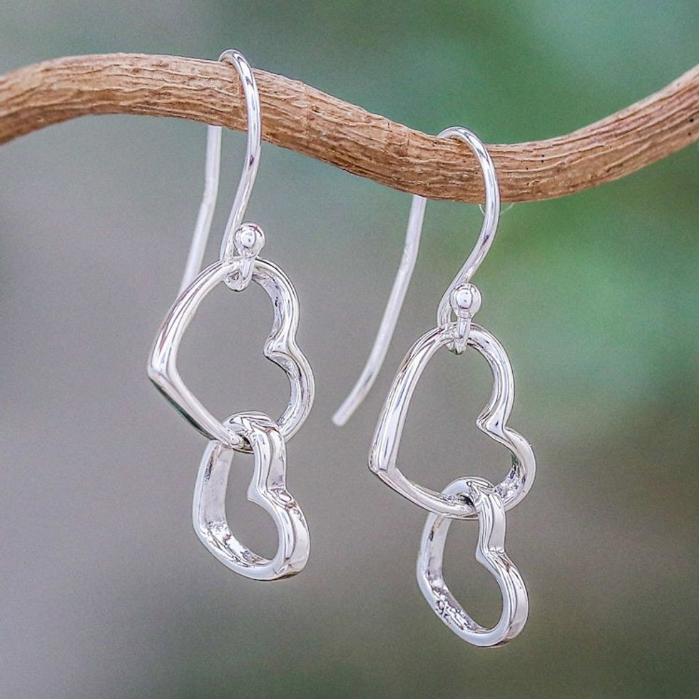 Women's Heart Shaped Sterling Silver Dangle Earrings 'Locked in Love'