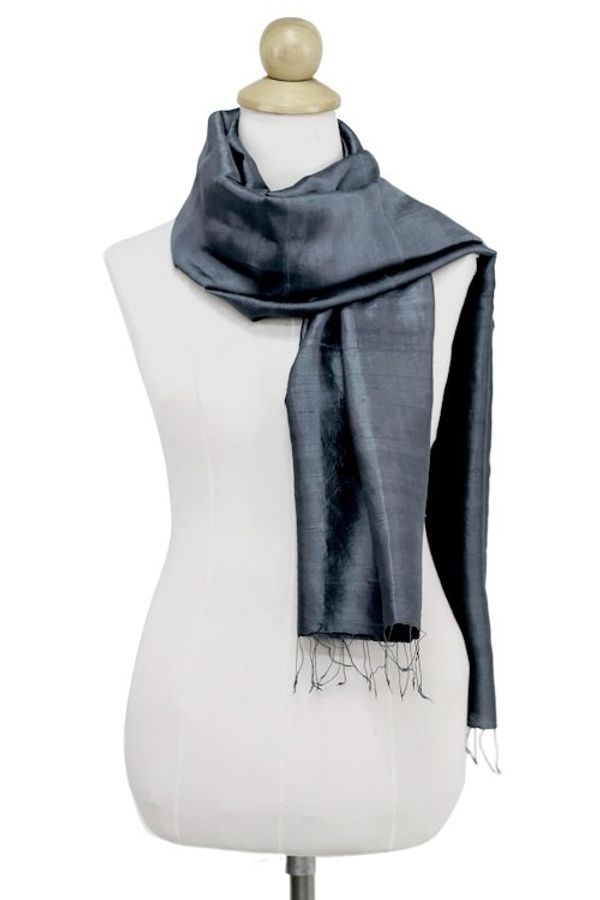 Alternate image for Hand Woven Fringed Silk Scarf in Iron Grey from Thailand Otherworldly in Iron Grey