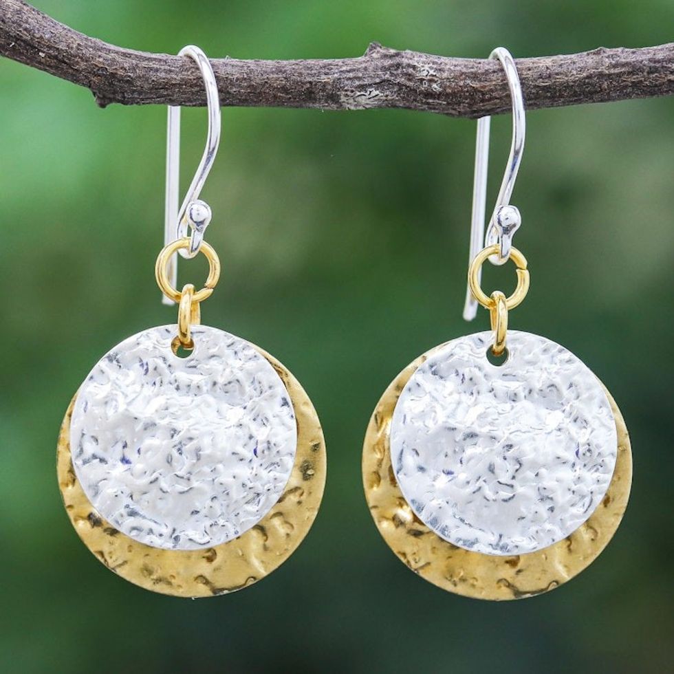 Handmade Sterling Silver Plated and Brass Dangle Earrings 'Gold and Silver Coin'