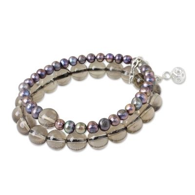 Alternate image for Smokey Quartz and Pearl Stretch Bracelet with Silver Charm Iridescent Sea