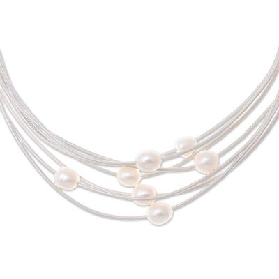 Alternate image for Cultured Pearl Pendant Necklace on White Cord from Thailand Luminous Pebbles in White