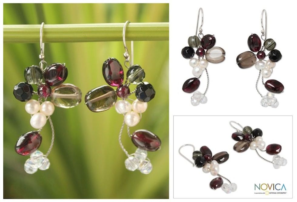 Smoky Quartz and Garnet Dangle Earrings 'Radiant Bouquet'