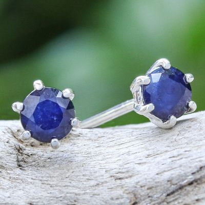 Alternate image for Hand Made Sapphire and Sterling Silver Stud Earrings Catch a Star in Blue