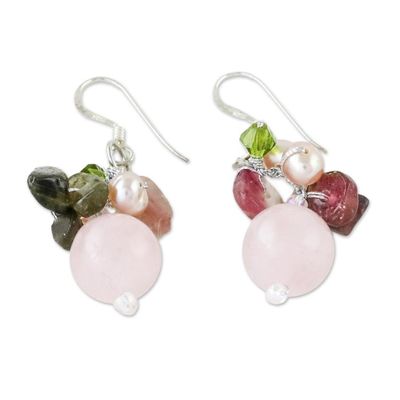 Alternate image for Rose Quartz and Pearl Cluster Earrings Petal Romance