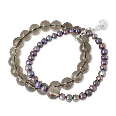 Alternate image for Smokey Quartz and Pearl Stretch Bracelet with Silver Charm Iridescent Sea