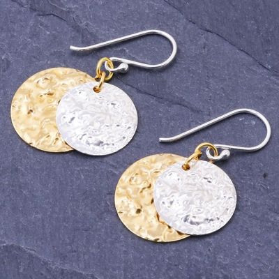 Alternate image for Handmade Sterling Silver Plated and Brass Dangle Earrings Gold and Silver Coin