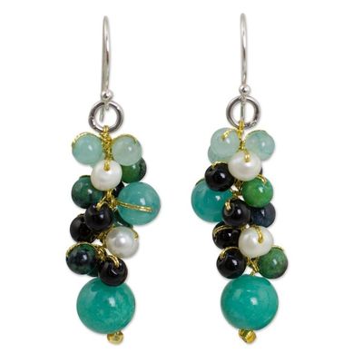 Alternate image for Thai Pearl Green Agate Quartz Cluster Earrings Verdant Vineyard