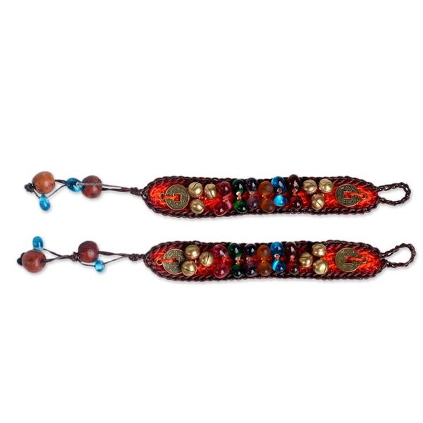 Alternate image for Handcrafted Beaded Wristband Bracelets Pair Bold Orange Fortunes