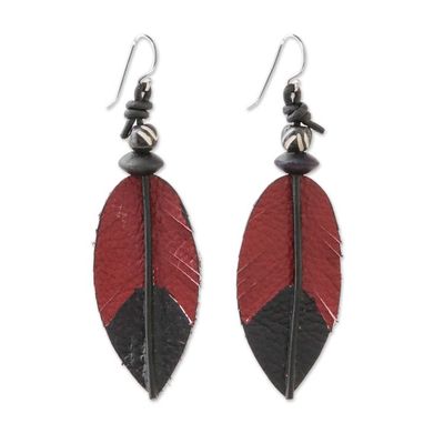 Alternate image for Leather and Bone Feather Earrings in Red from Thailand Red Feather