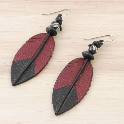 Alternate image for Leather and Bone Feather Earrings in Red from Thailand Red Feather