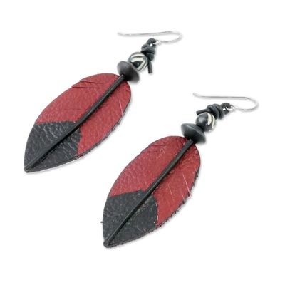 Alternate image for Leather and Bone Feather Earrings in Red from Thailand Red Feather