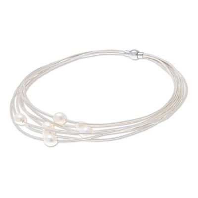 Alternate image for Cultured Pearl Pendant Necklace on White Cord from Thailand Luminous Pebbles in White