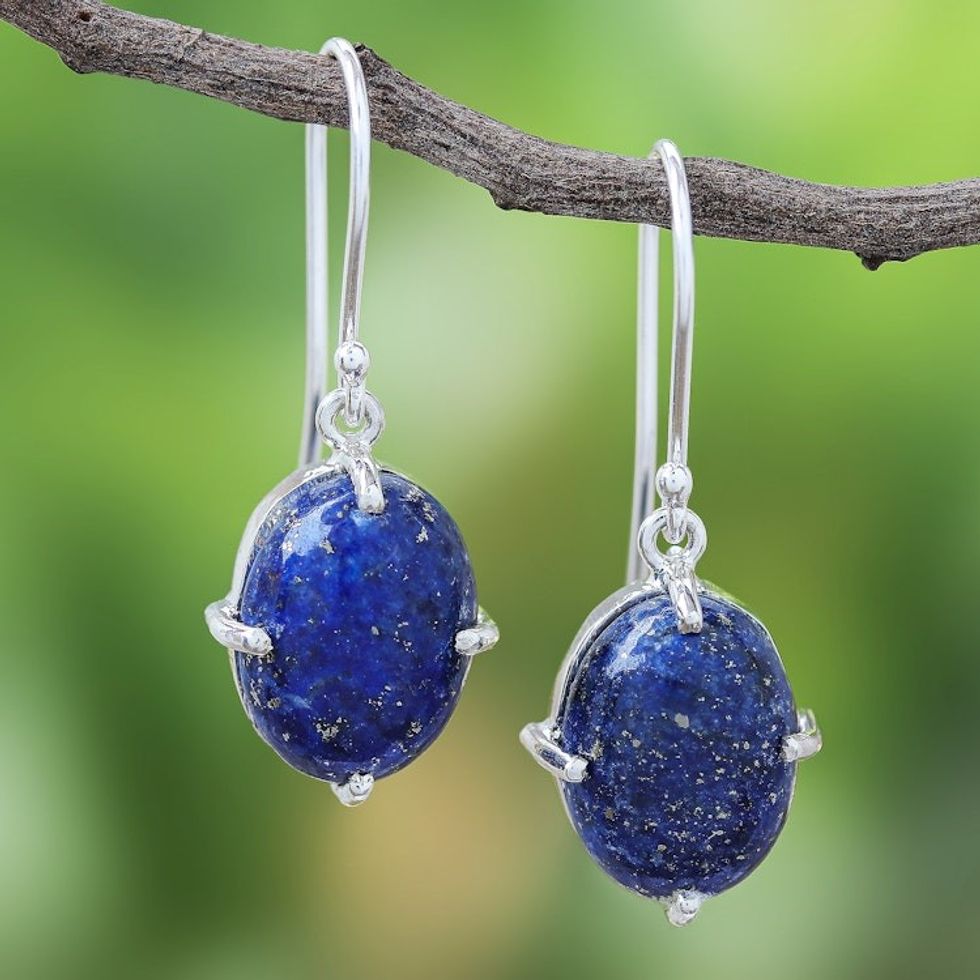 Lapis Lazuli Cabochon Sterling Silver Dangle Earrings 'Early Evening'