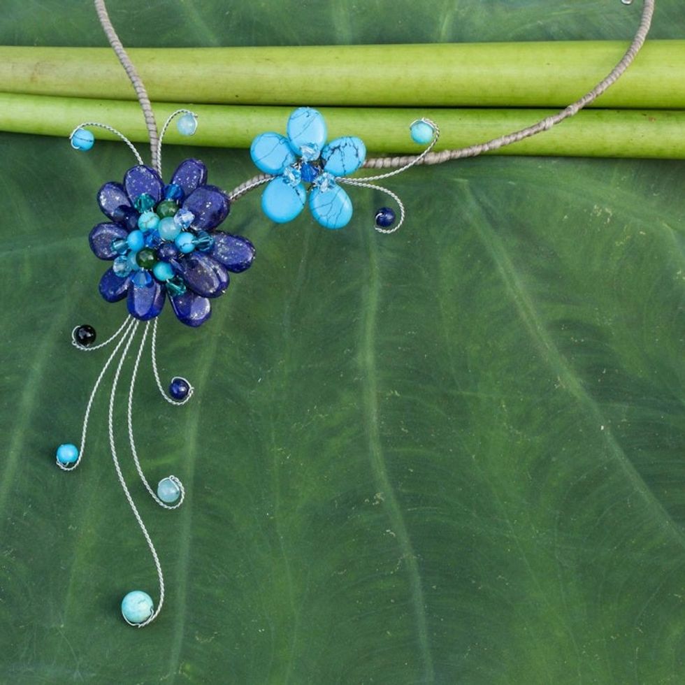 Artisan Crafted Lapis Lazuli Flower Necklace 'Gorgeous Blossom'