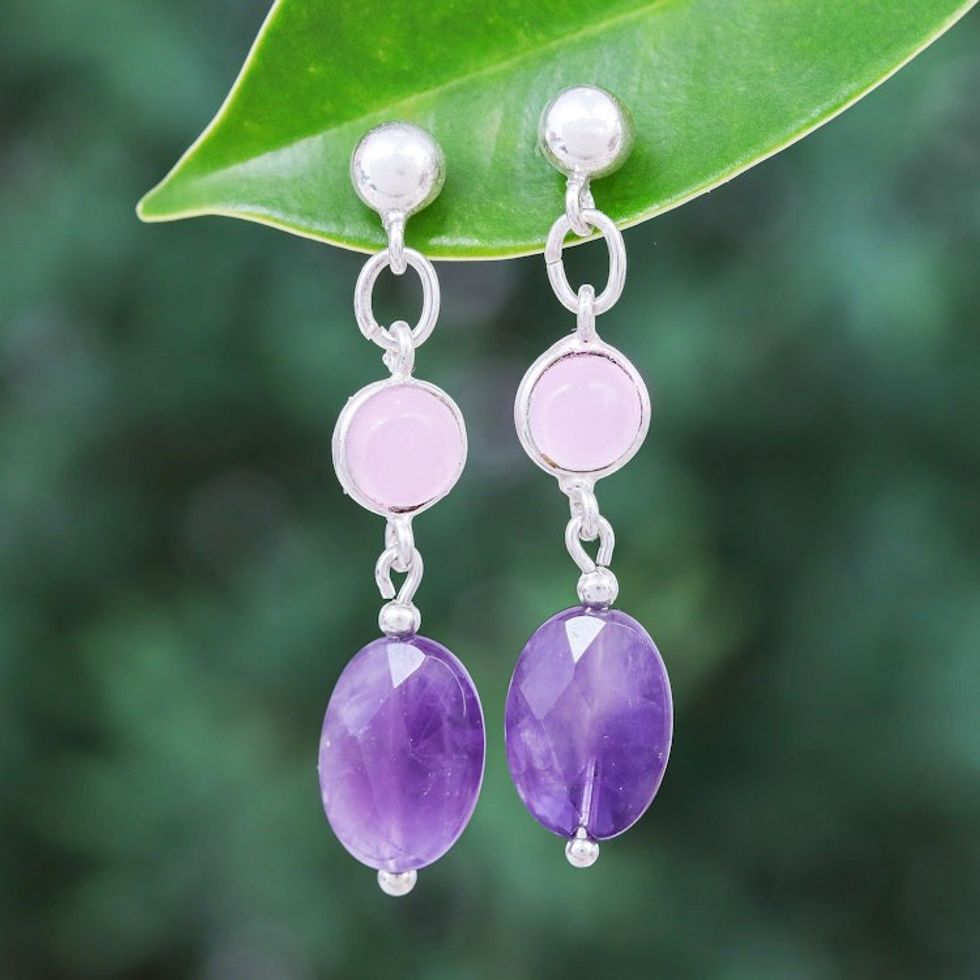 Rose Quartz and Faceted Amethyst Post Dangle Earrings 'Lilac Season'