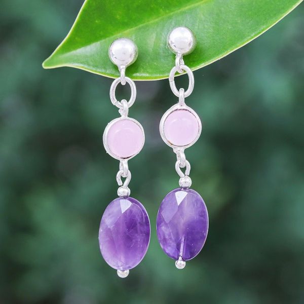 Alternate image for Rose Quartz and Faceted Amethyst Post Dangle Earrings Lilac Season