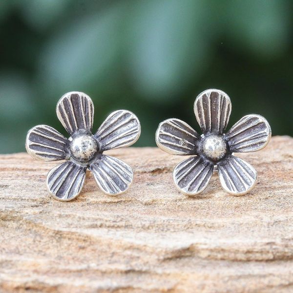 Alternate image for Hand Crafted Sterling Silver Floral Button Earrings Striped Flowers