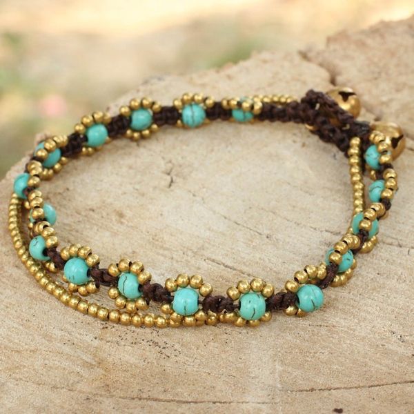 Alternate image for Hand Knotted Beaded Bracelet with Calcite and Brass Bells Serene Sky