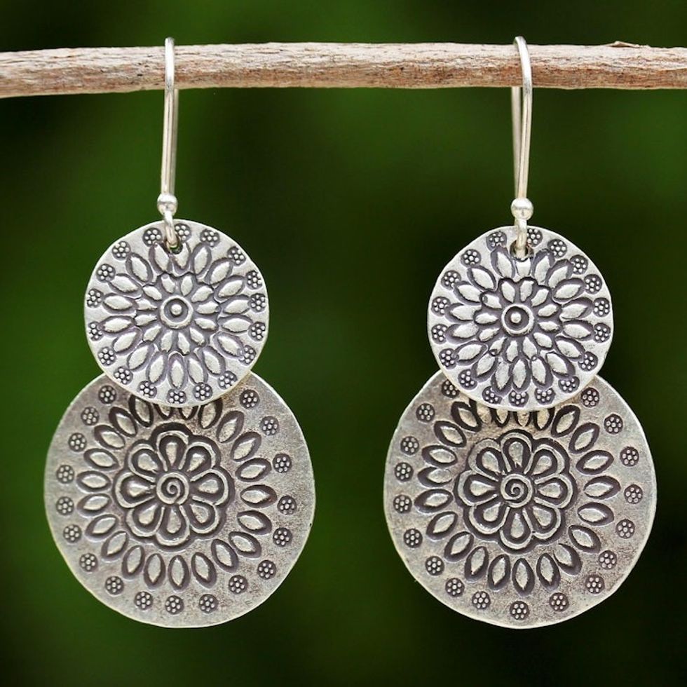 Handmade Karen Silver Dangle Earrings from Thailand 'Karen Sunflowers'