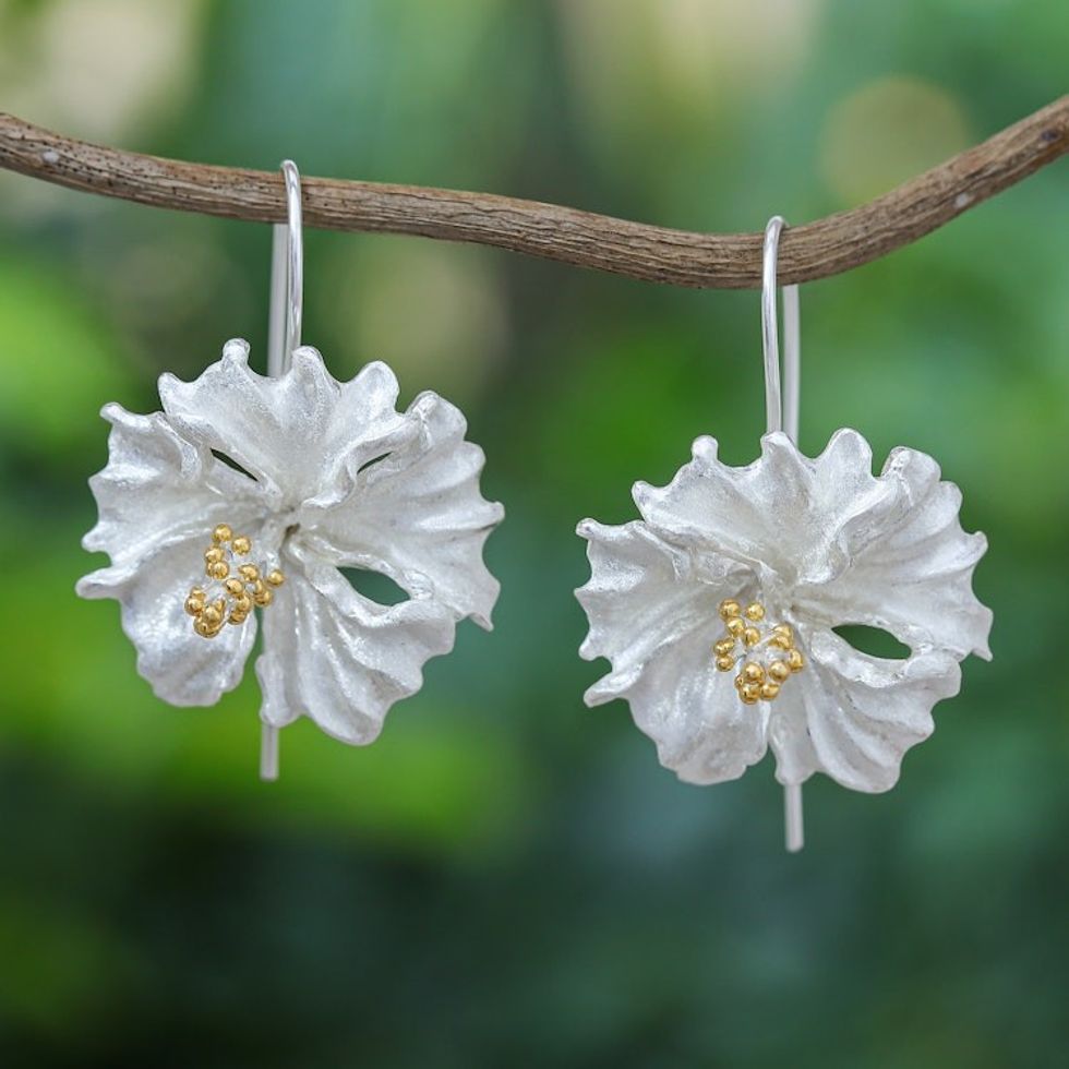 Hand Made Gold-Accented Drop Earrings with Floral Motif 'Come Kiss Me'