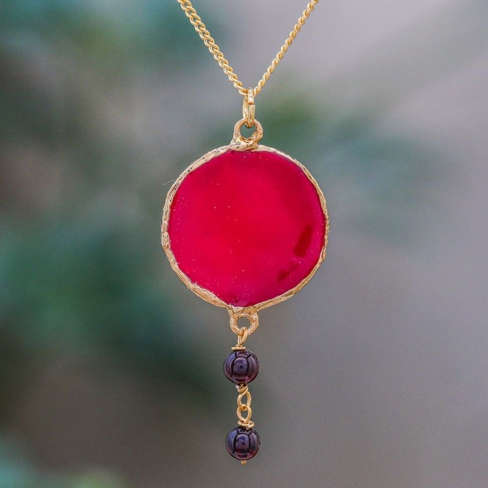 Garnet and Gold Plated Natural Rose Petal Pendant Necklace 'Autumn Red Rose'