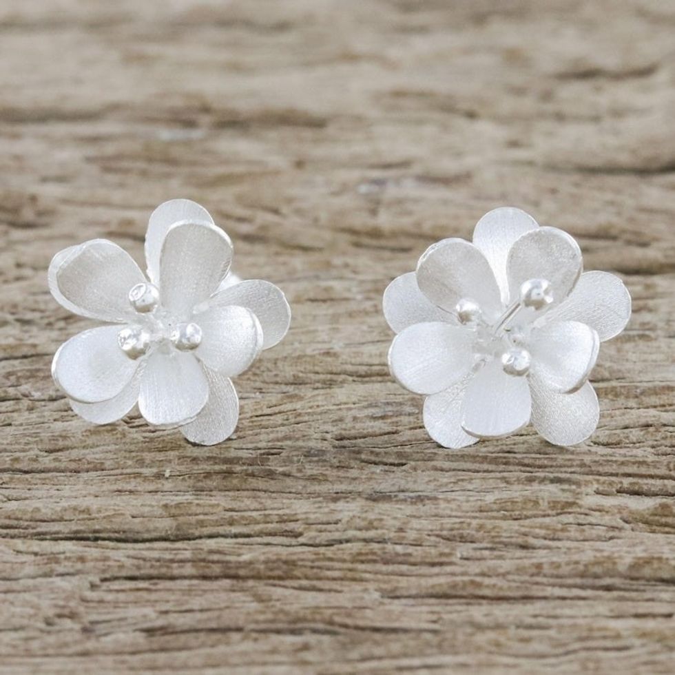 Flower-Shaped Sterling Silver Button Earrings from Thailand 'Fantastic Blossoms'