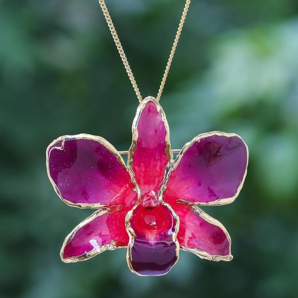 Gold-Plated Orchid Petal Pendant Necklace and Brooch 'Orchid Magic in Red'